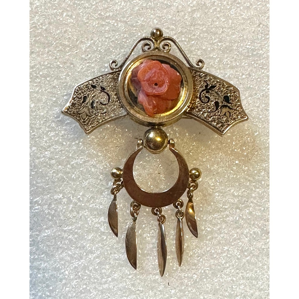 Victorian Pin 14k Gold w/ Black Enamel & Coral Taille D'Epargne